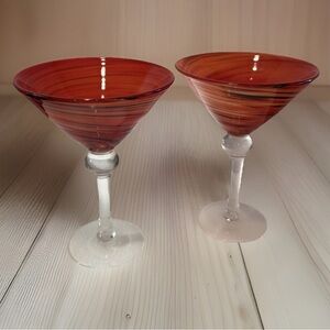 2 Pier 1 Hand Blown Red, Orange, Black Swirls Martini Margarita Glasses 7" Solid